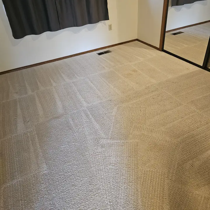 Same bedroom after steam cleaning — bright, clean, fresh steam lines